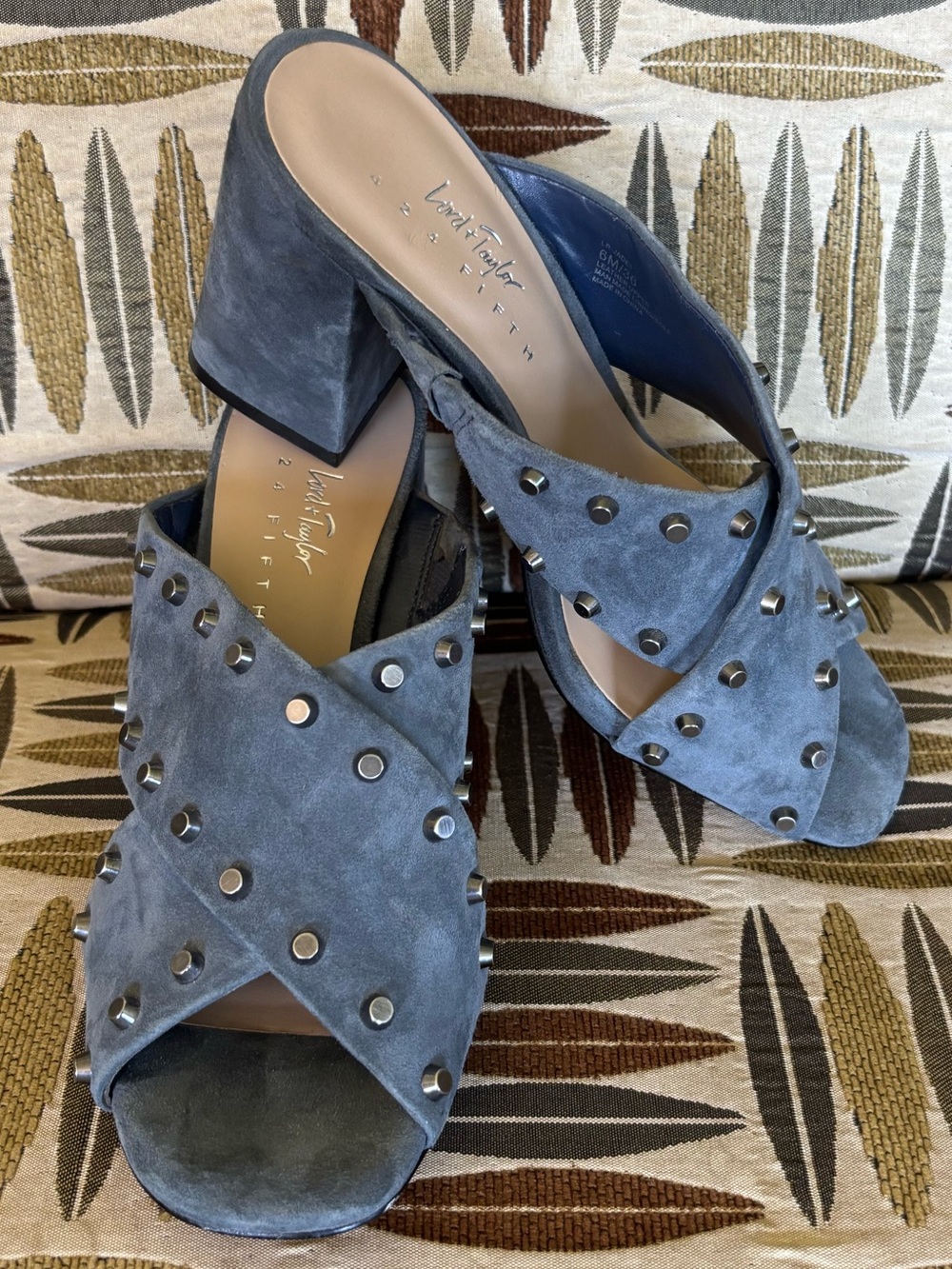 Lord & Taylor Blue Suede Studded Block Heel Mules